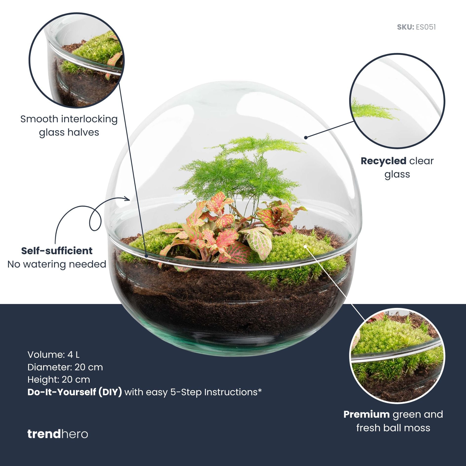 Dome Red - Two-part round glass terrarium - Bottle garden DIY kit - Ø 20 cm ↑ 20 cm